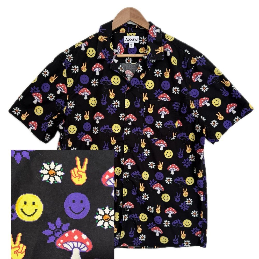 Abound Mushroom Happy Face Print Camp Shirt Mens Size M Short Sleeve Button Down